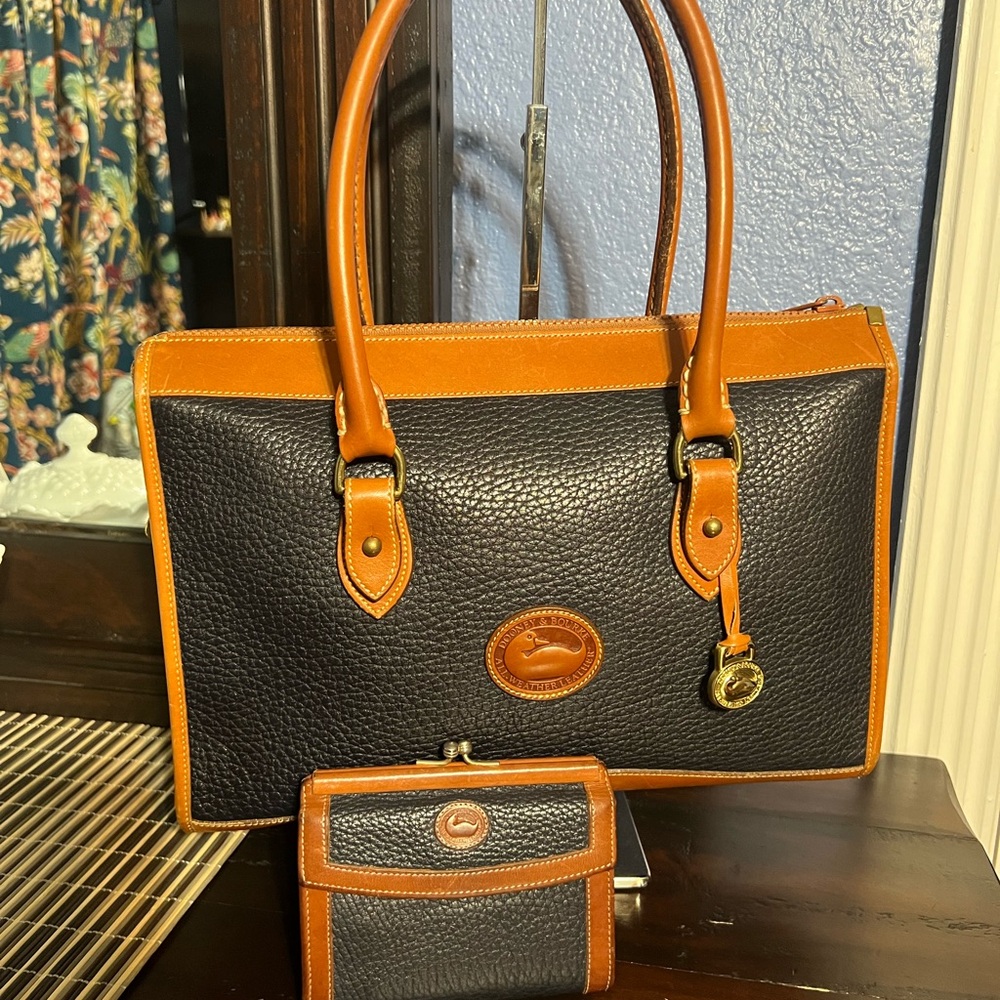SOLD! Dooney & Bourke Navy blue and Brown Leather Shoulder Bag and wallet